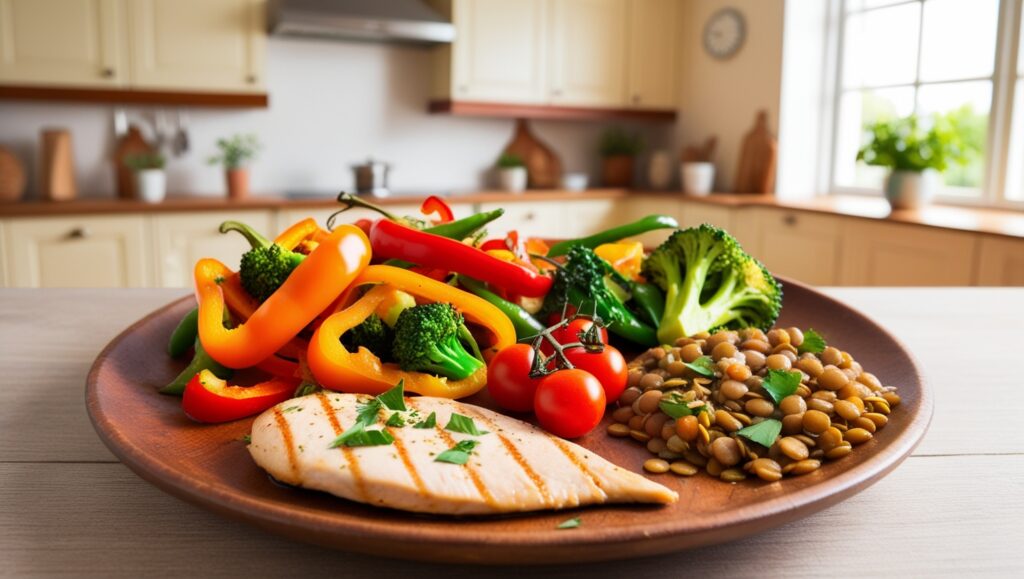 Research-Based: 5 Diets That Can Help You Lose Weight 3 Colorful plant-based meal with stir-fried vegetables, lentils, and a small piece of grilled chicken.