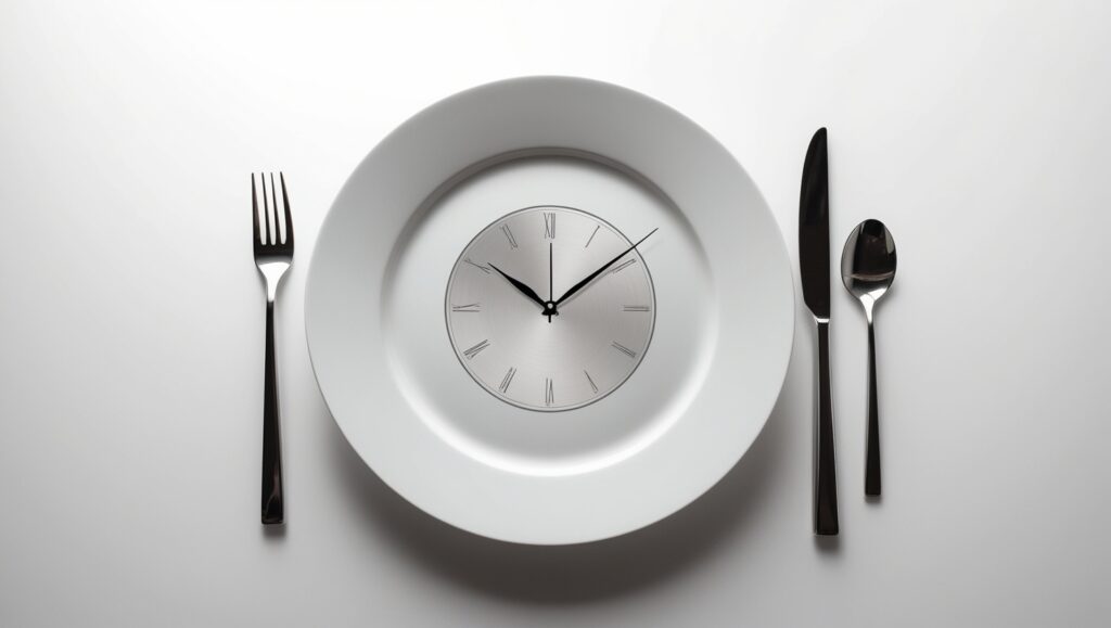 Research-Based: 5 Diets That Can Help You Lose Weight 2 White plate designed like a clock with cutlery, symbolizing intermittent fasting.