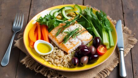 Fresh Mediterranean Diet meal with vegetables, grilled fish, and olive oil.