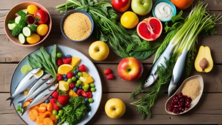 Top view of a colorful assortment of fruits, vegetables, grains, and fish for healthy weight loss.