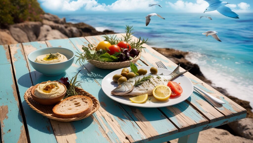 Research-Based: 5 Diets That Can Help You Lose Weight 1 Mediterranean meal with grilled fish, olives, tomatoes, greens, hummus, and bread served outdoors.
